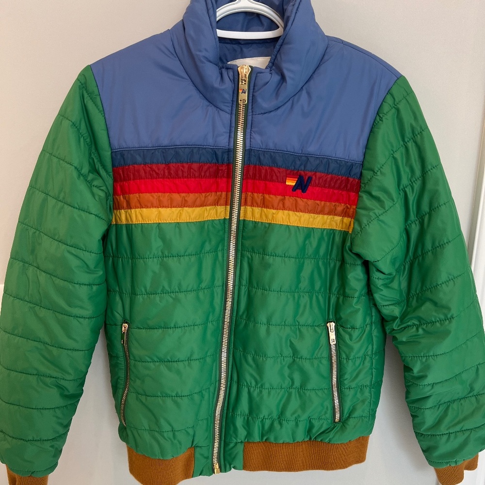 Aviator Nation Green Puffer Jacket with Blue Yoke and Rainbow Stripes
